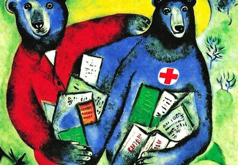 Raudonojo Kryžiaus savanoris meškiukas grįžta į biblioteką po karo, Stable Diffusion imituoja Chagallą