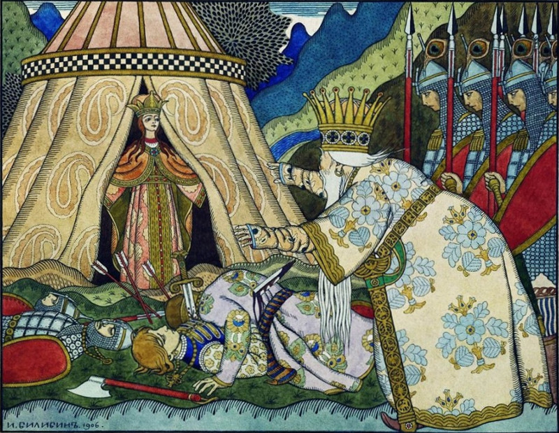 Ivano Bilibino iliustracija pasakai apie auksinį gaidelį